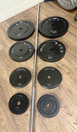 BRAND NEW:  7 ft Standard Bar With VINTAGE Cast Iron Weight Plates: 50s,25s, 10s,  And 5s. (Total: 205 lbs)