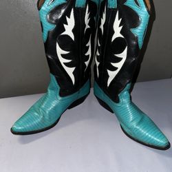 SABREE”NANCY “ Black And teal leather cowgirl boots SEE MEASUREMENTS