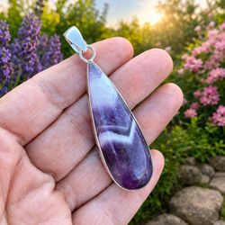 Large Teardrop Natural Chevron Amethyst 2.5” Sterling Silver Pendant