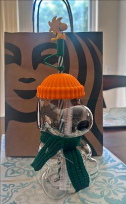 Starbucks Snoopy Peanuts Glass Cup with Straw