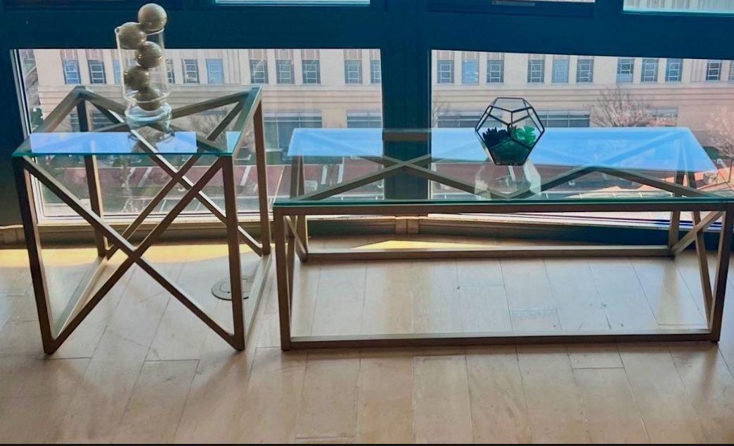 (1) Gold/Glass Side Table (1) Gold/Glass Coffee Table