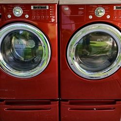 Red LG Steam Front Load Washer & Dryer Set (Pedestals Included) 