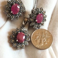 925 Sterling Silver Ruby And Marcasite Diamond 