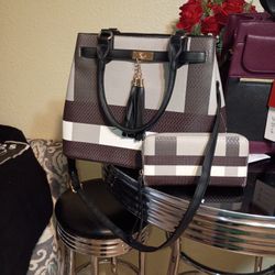 Large Black Brown Beige Purse With Wallet 