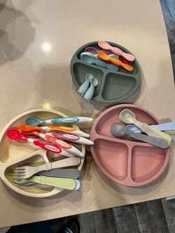 Baby food plates, bowls, sippy cups, spoons, bibs