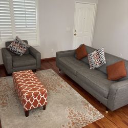 Beautiful Grey/orange living room Sofa set with cushions and Ottoman