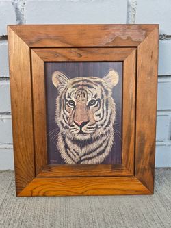 Vintage Marjorie Brice Tiger Framed Signed Wildlife Print Rustic Wood Frame 12.5x10.5