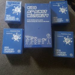 All new Kids against maturity card game and 4 expansion packs. Super fun family game.