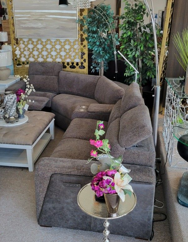 Power Reclining Ash Sectional w/ Console and Headrest