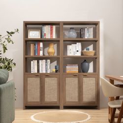  5 Tier Book Shelf Rattan Boho 71" Tall Bookcase with Doors Storage Shelves Large Bookshelves Farmhouse Bookcases Library Book Case for Living Room Be