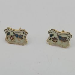 Vintage Cloisonné Butterfly Flower Gold Tone Earrings