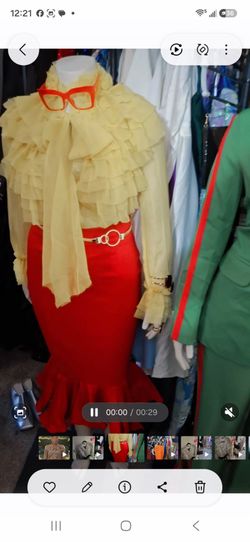 Yellow Ruffle Blouse and Red Mermaid Skirt Set