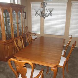 Oak Dining Room Set - Table, 6 Chairs, China Closet, 2 Table Extenders