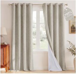 100% Blackout Linen Beige Curtains 84 inches Long for Living Room,2 Panels, W52 x L84