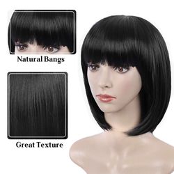 E-FOREST Black Wig Short Bob Wigs with Bangs for Women Straight Hair Wig Synthetic Party Wigs 12 Inch Cute Colorful Wigs, Black