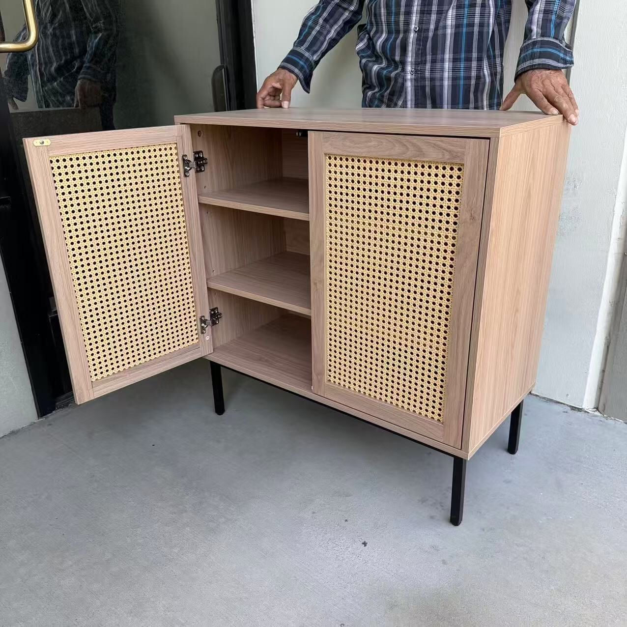 New In Box 31.5x15x33 Inch Tall Entryway Rattan Buffet Sideboard Cabinet Cupboard Shelf Teak Microwave Stand Shoe Rack Storage