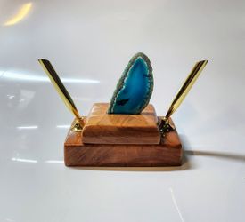 Solid Maple And Brass Pen Holder With Blue Agate Centerpiece