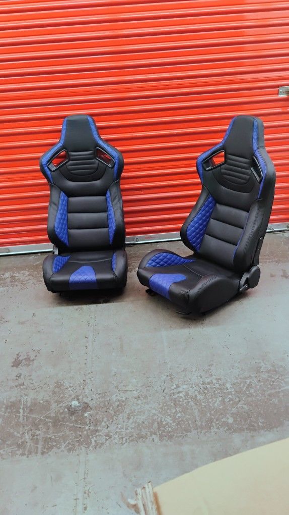 Pair of Universal Reclinable Bucket Seats with Bottom Mount Sliders, 21" W X 22" D X 38" H, Black/Bl