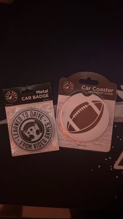 Metal car badge - “learned to drive from video games” and football car coaster