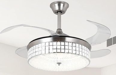 Retractable Ceiling Fans with Lights and Remote Control, 42 Inch Modern Invisible Blades LED Ceiling Fan, Crystal Chandelier,Fandelier for Living Room