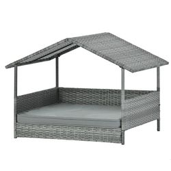 Outdoor Dog Bed with Sun Shade Canopy - All-Weather Wicker Style Elevated Pet Cot