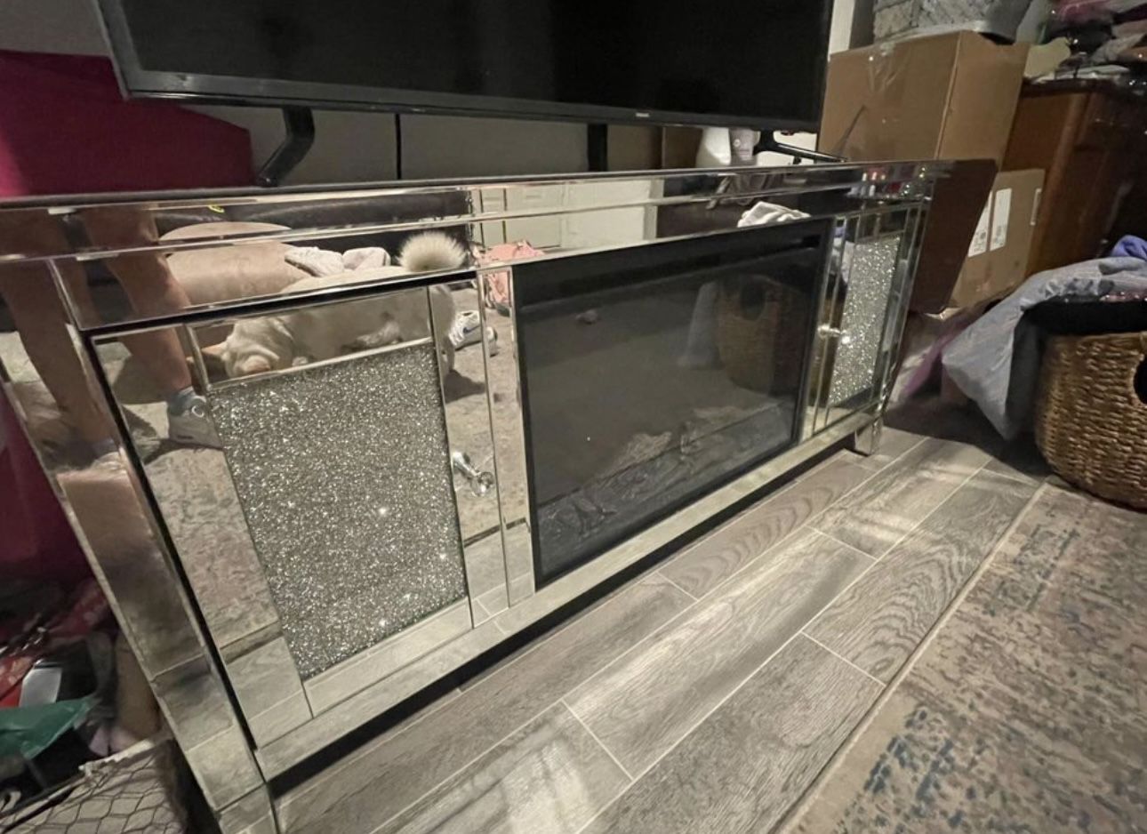 Mirrored Entertainment Center With Fireplace