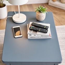 Solid Wood Blue-Gray Charging End Tables – Slim, Modern
