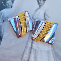 Vtg 80s Square Art Deco Revival Silver Gold Tone Huge Clip On Earrings