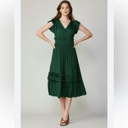 Anthropologie current air emerald green short sleeve accordion midi dress L 
