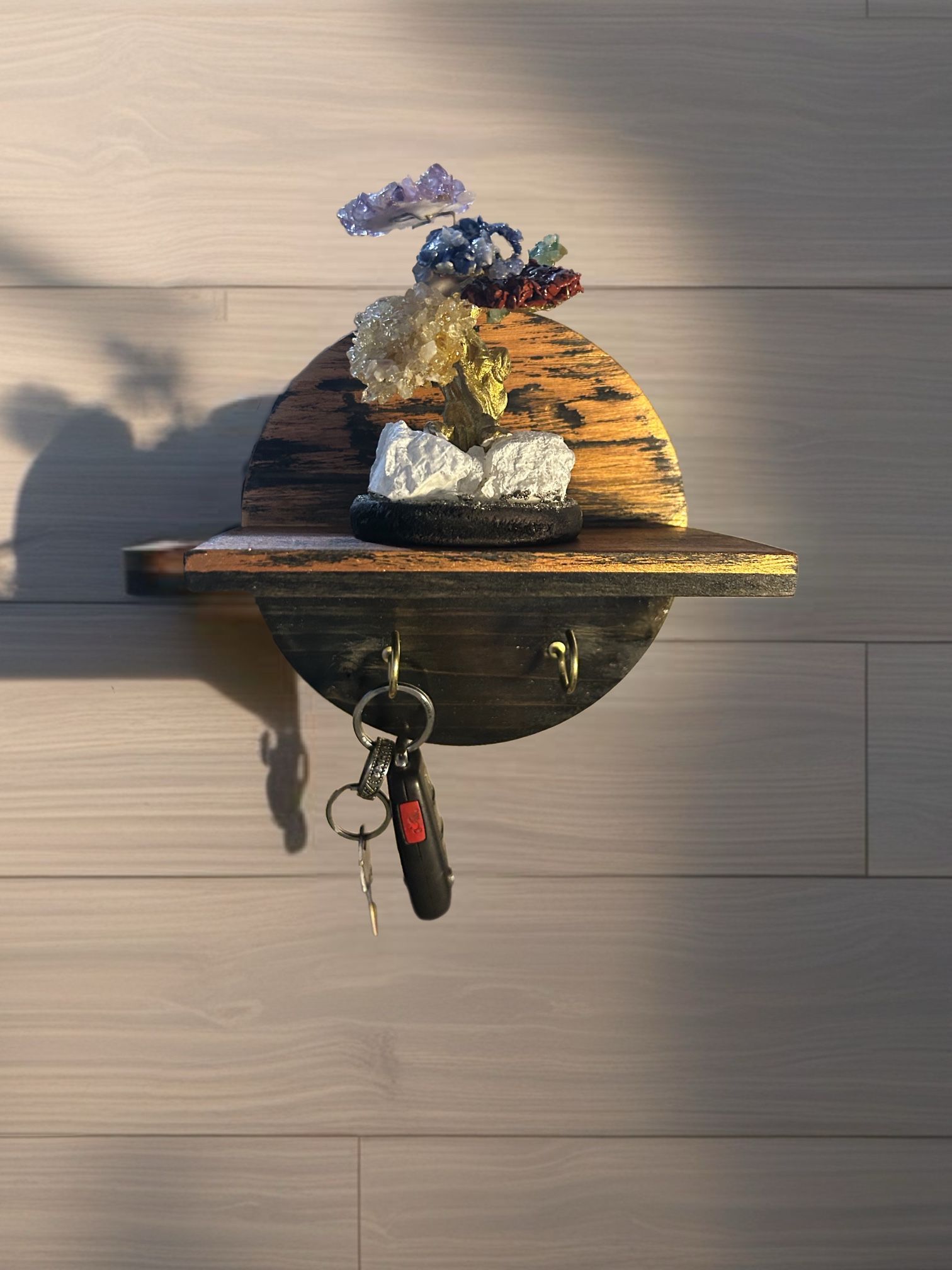 Solid Rustic Wooden Key Holder Entryway Decor Shelf Small Plant Holder Stained Wood Handmade Hand Painted and Sanded Wood