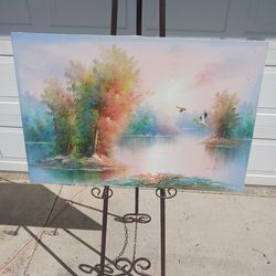 Large unframed wildlife flying Mallard ducks oil on canvas painting signed  S Rengar