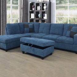 Blue Microfiber Sectional Couch And Storage Ottoman