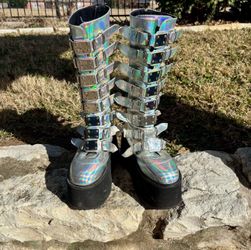 Demonia DAMNED-318 Holographic Platform Boots Women’s Size 11 Rare Cyber Goth Rave