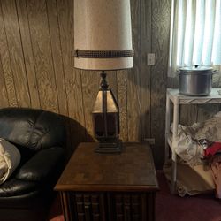 Vintage 1970s Brutalist Commode / End Table & Gothic Lantern Lamp