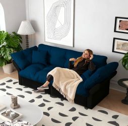 Queen size sofa bed, blue velvet 3-in-1 convertible futon pullout