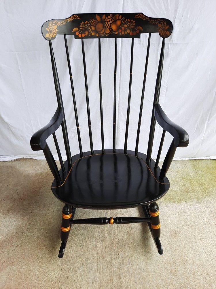 Vintage Nichols & Stone Stencil Decorated Black & Gold Rocking Chair # 736-114