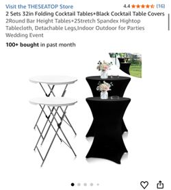 2 Sets 32in Folding Cocktail Tables+Black Cocktail Table Covers 2Round Bar Height Tables+2Stretch Spandex Hightop Tablecloth, Detachable Legs,Indoor O