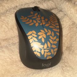 Logitech Wireless Optical Mouse Blue Gold Leaf Design Scroll Wheel 3 Buttons