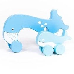 Whale Mommy and Baby Rolling Wood Toy Push Toy