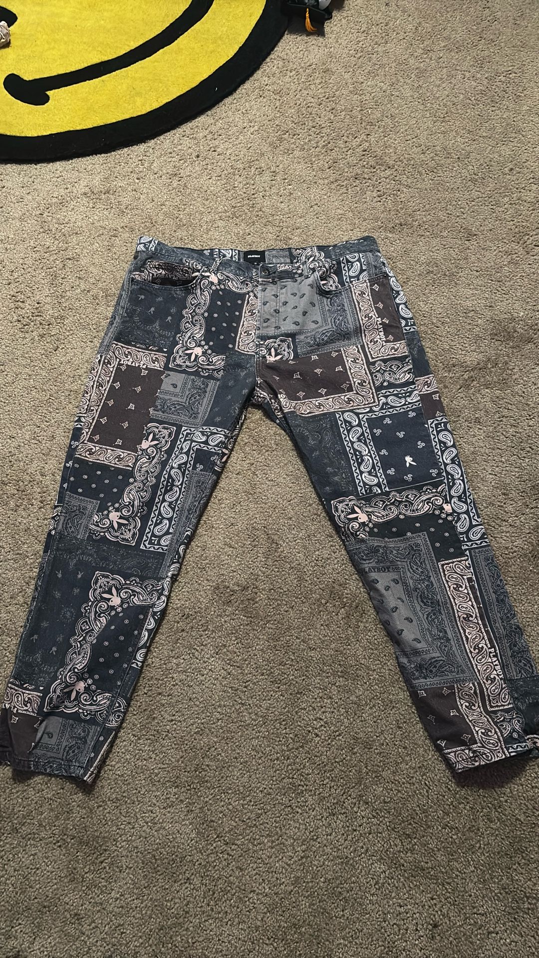 Brown and blue playboy bandana print jeans