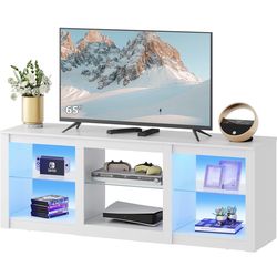 LED TV Stand for 65-Inch TV, 58-Inch Entertainment Center with Adjustable Glass Shelves, Modern Media Console for Living Room & Bedroom, White