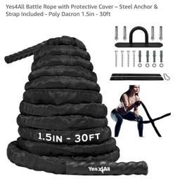 Yes4All Battle Rope with Protective Cover - Steel Anchor & Strap Included - Poly Dacron 1.5in - 30ft