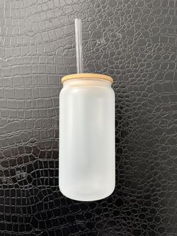 14 New Frosted Glass Can Cups with Bamboo Lids & Glass Straws