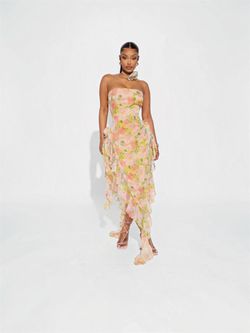Fashion Nova Strapless Floral Ruffle Dress. Pink  & yellow floral polyester dress with ruffle detail, size 1XL