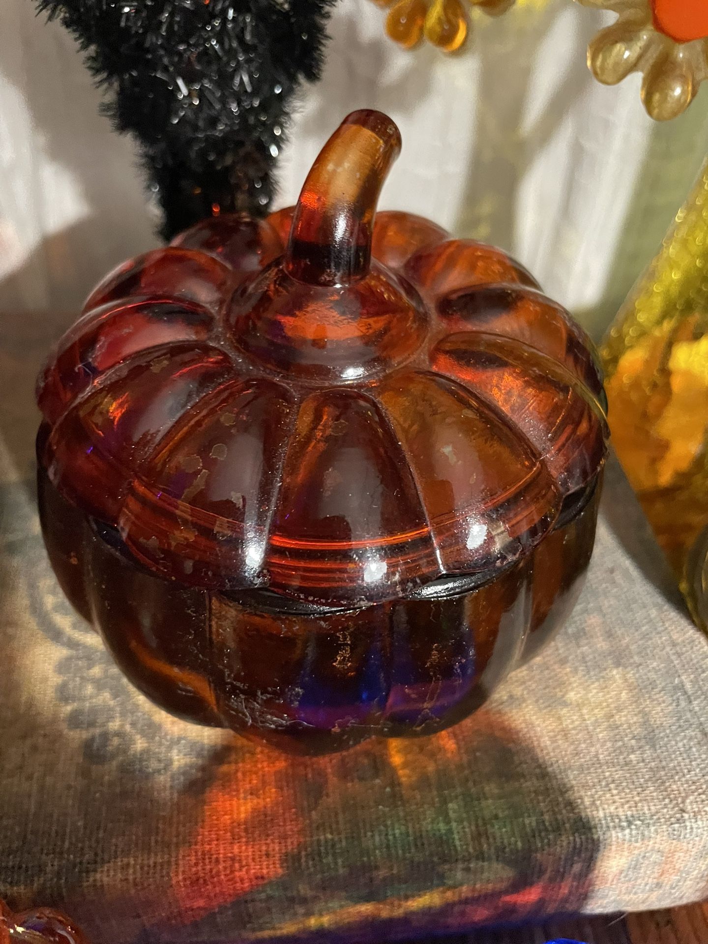 Orange Amberina Flashed Glass Pumpkin π With Lid Candle π―οΈ Holder