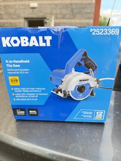 Brand-new Kobalt 4-inch handheld tile saw in its original box. Powerful, compact, and easy to use. Perfect for construction and remodeling projects.