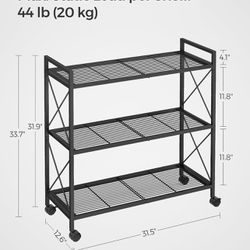 SONGMICS 3-Tier Metal Storage Rack with Wheels, Mesh Shelving Unit with X Side Frames, 31.5 W -Inch