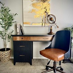 Mid Century Modern desk, dark gray / black, with maple accents and matching swivel MCM chair. Originally a distinctive furniture by Stanley
