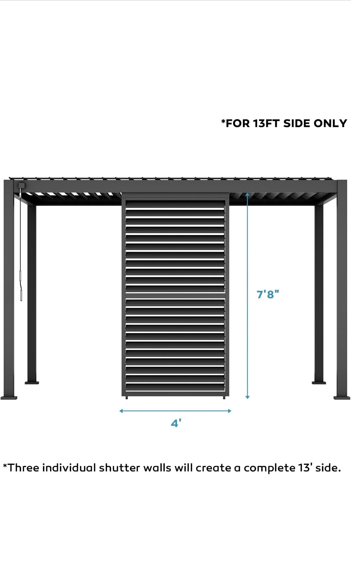 Aluminum Shutter Wall 13' Side, for Openable Louvered Design for Optimal privacy (pergola not included)