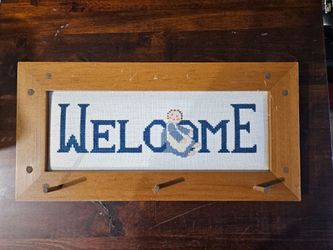 "Welcome" Vintage Framed Cross Stitch Needlepoint with Hooks